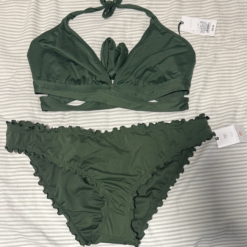 Shade & Shore L/XL Olive Green Ruffle Bikini Set NEVER WORN